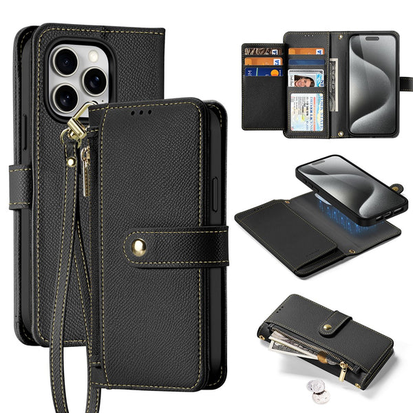 iPhone 15 Lawa Detachable Magnetic Leather Zipper Wallet