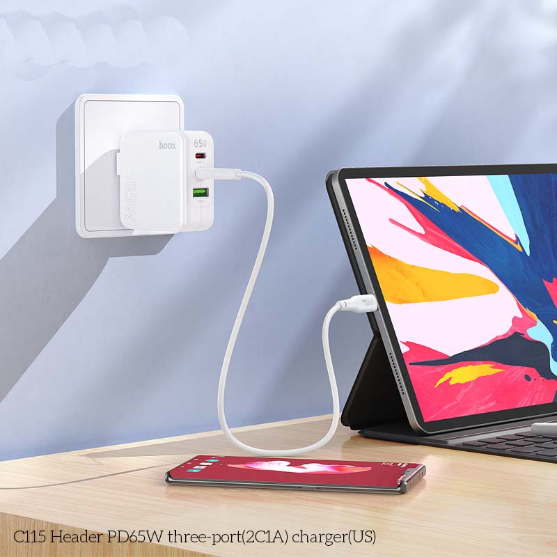 Wall Charger 65 WATT PD65W Type C+Type C+ USB Retail Pack C115