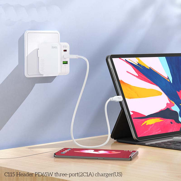 Wall Charger 65 WATT PD65W Type C+Type C+ USB Retail Pack C115