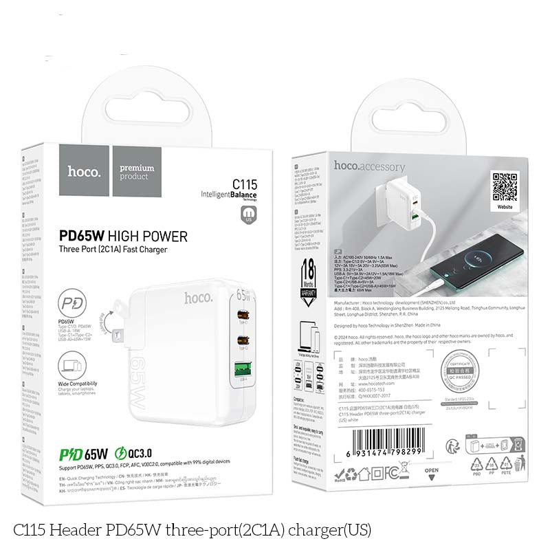 Wall Charger 65 WATT PD65W Type C+Type C+ USB Retail Pack C115