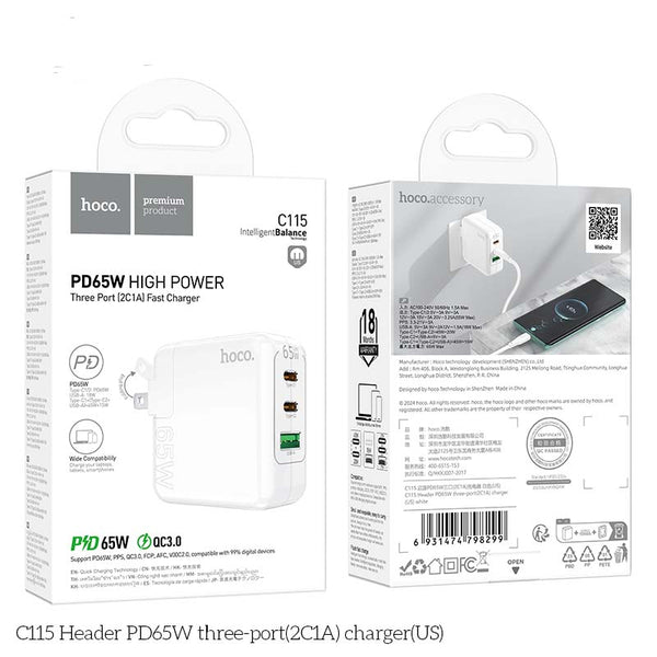 Wall Charger 65 WATT PD65W Type C+Type C+ USB Retail Pack C115