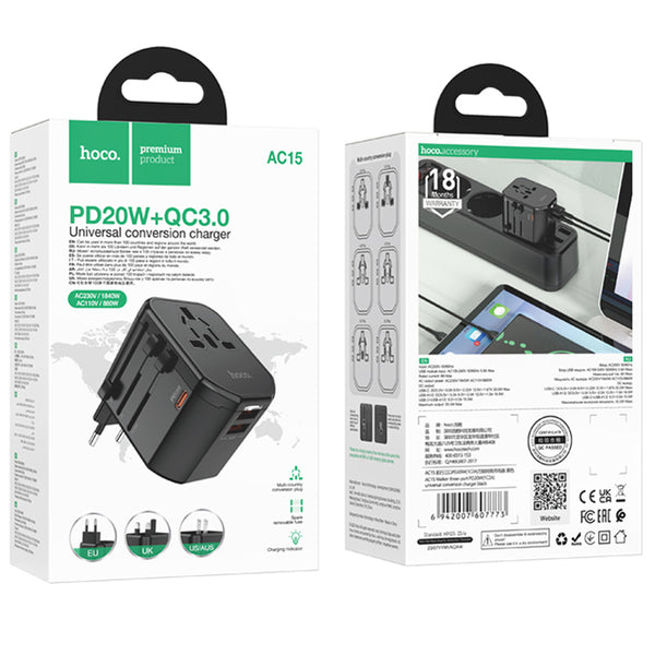 Universal International Travel Charger 2 USB & 1 Type C Ports 15WATT - AC15