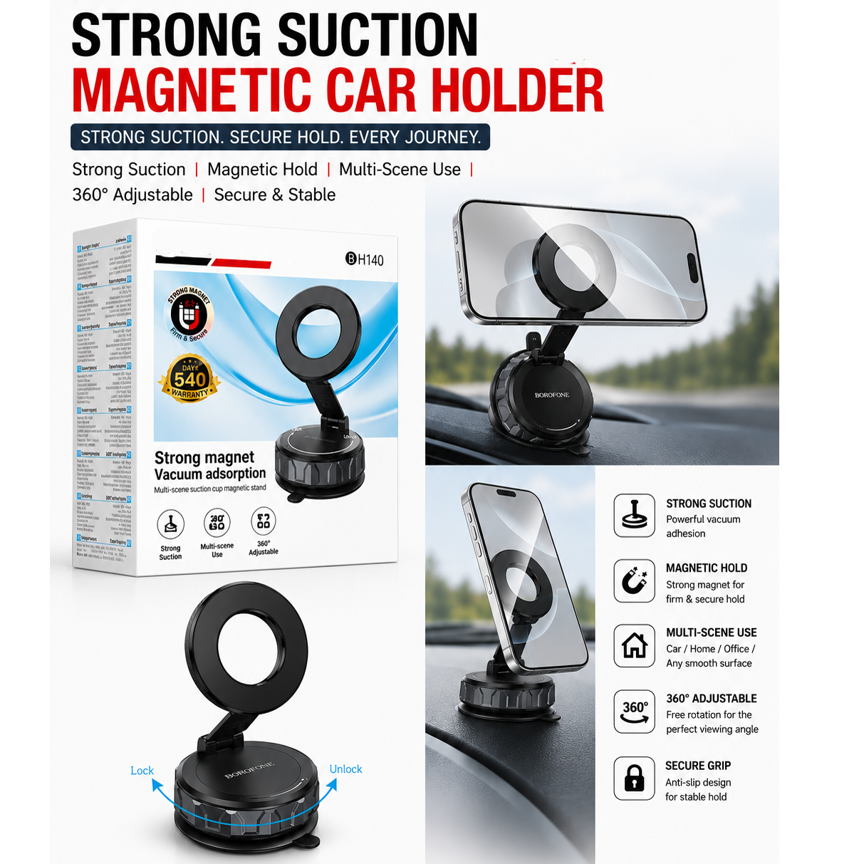 Car Mount Suction Magnetic Phone Holder BH140