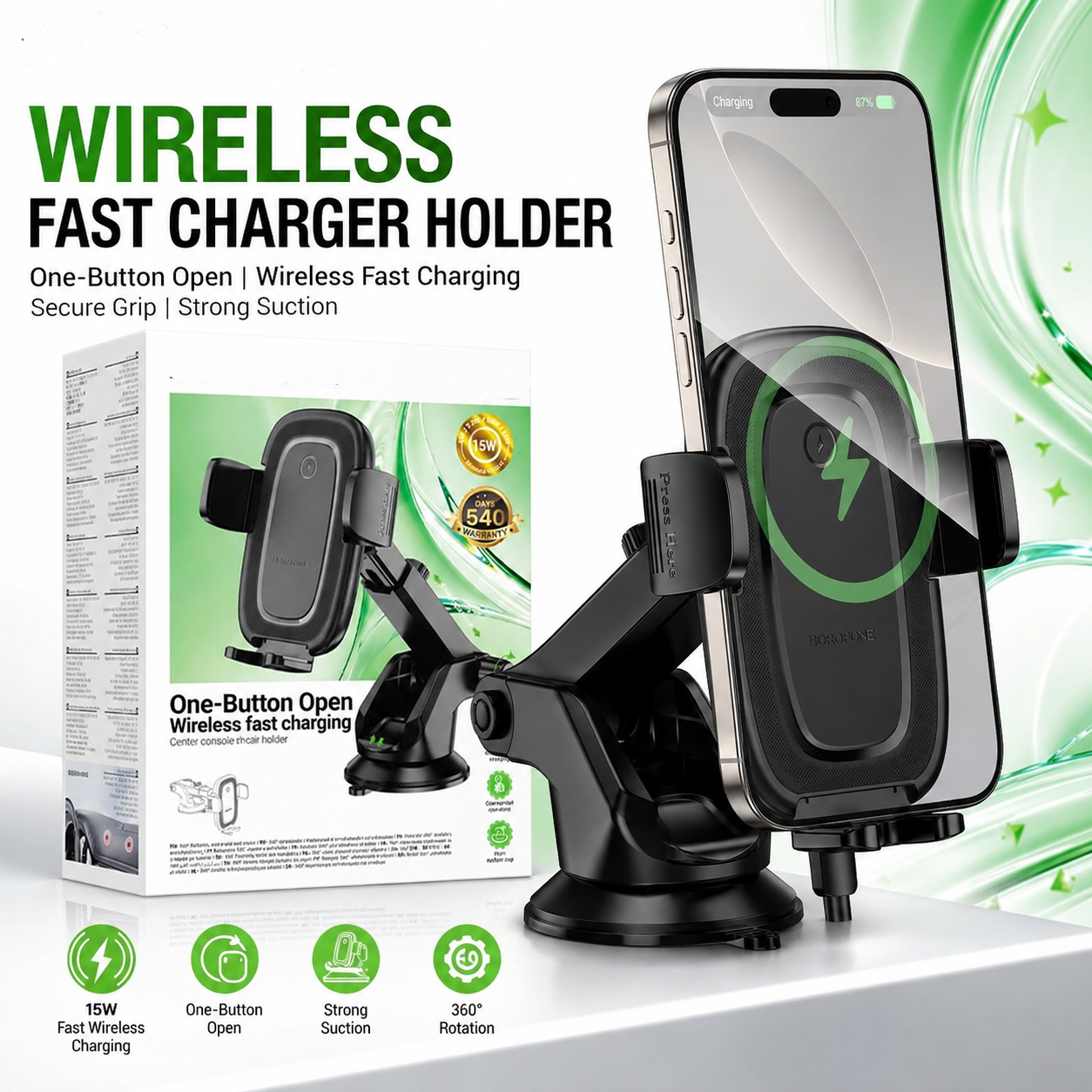 Car Mount Wireless Charger Phone Holder BH223 Black